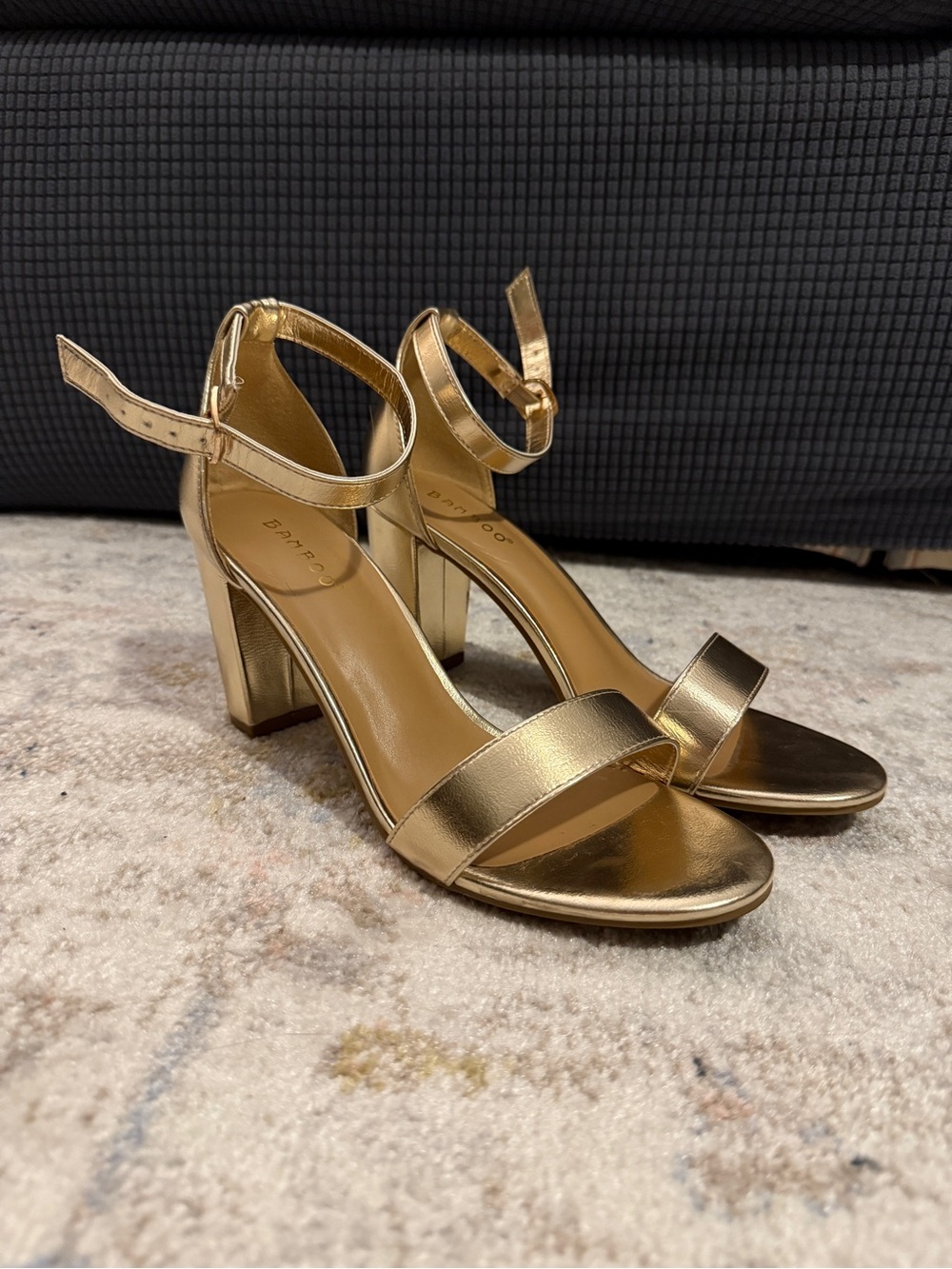 BAMBOO Gold Metallic Ankle-Strap Block Heel Sandals